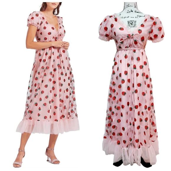 🍓 Strawberry Mesh Tulle Girly Cute Pink Puff Sleeve Glitter Midi Dress S NWT - Picture 1 of 16